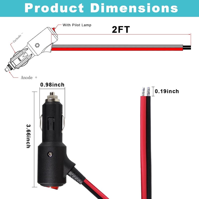 SPARKING 12Volt Replacement Cigarette Lighter Male Plug with On Off Switch - 2FT 12V Fused 15amp Cigarette Male Plug with 16gauge Leads, 12V DC Car Plug for Car Cooler,Cb Radio, Air Compressor[2PACK] - Image 2